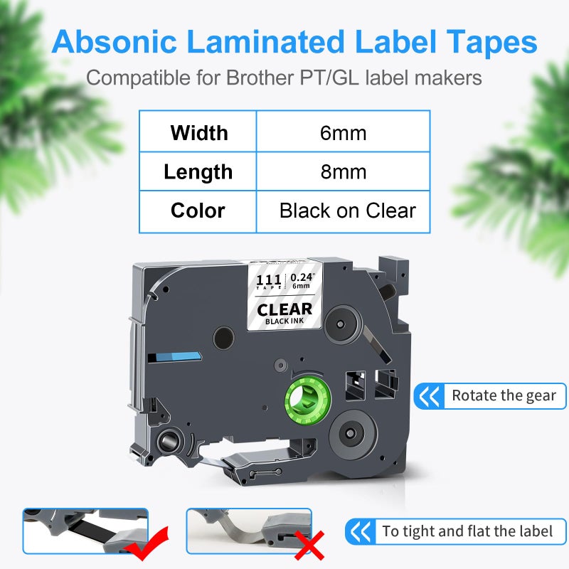 Absonic 4-Pack Tze-111 6mm Black on Clear Label Tape Compatible for Brother Tze111 Tz-111 Tz111 P Touch Tze 6mm 0.23 "" Laminated Clear Tz 1/4 Inch Label Tape for PT-H110 PT-D220 PT-D202 PT-D210 PT-D610 - Image 2